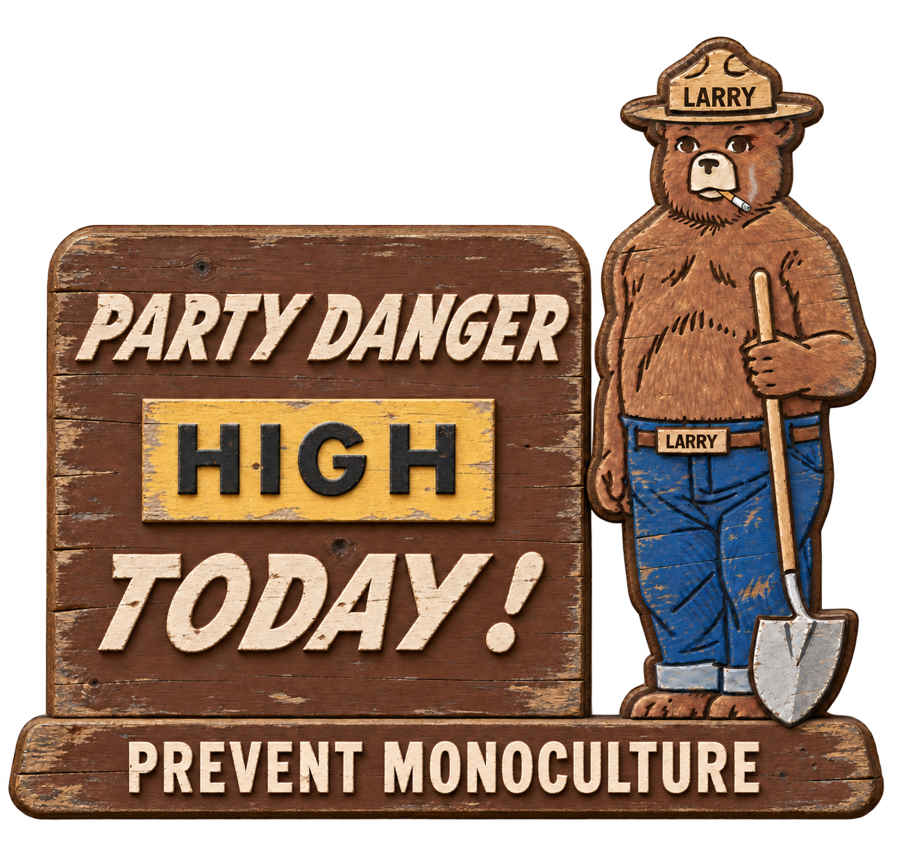 Smokey Larry with a shovel beside a sign: Party danger high today! Prevent monoculture.